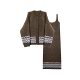 Retro Brown Jacquard Cardigan With Cami Dress