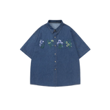 Flower Embroidery Denim Short Sleeve Shirt