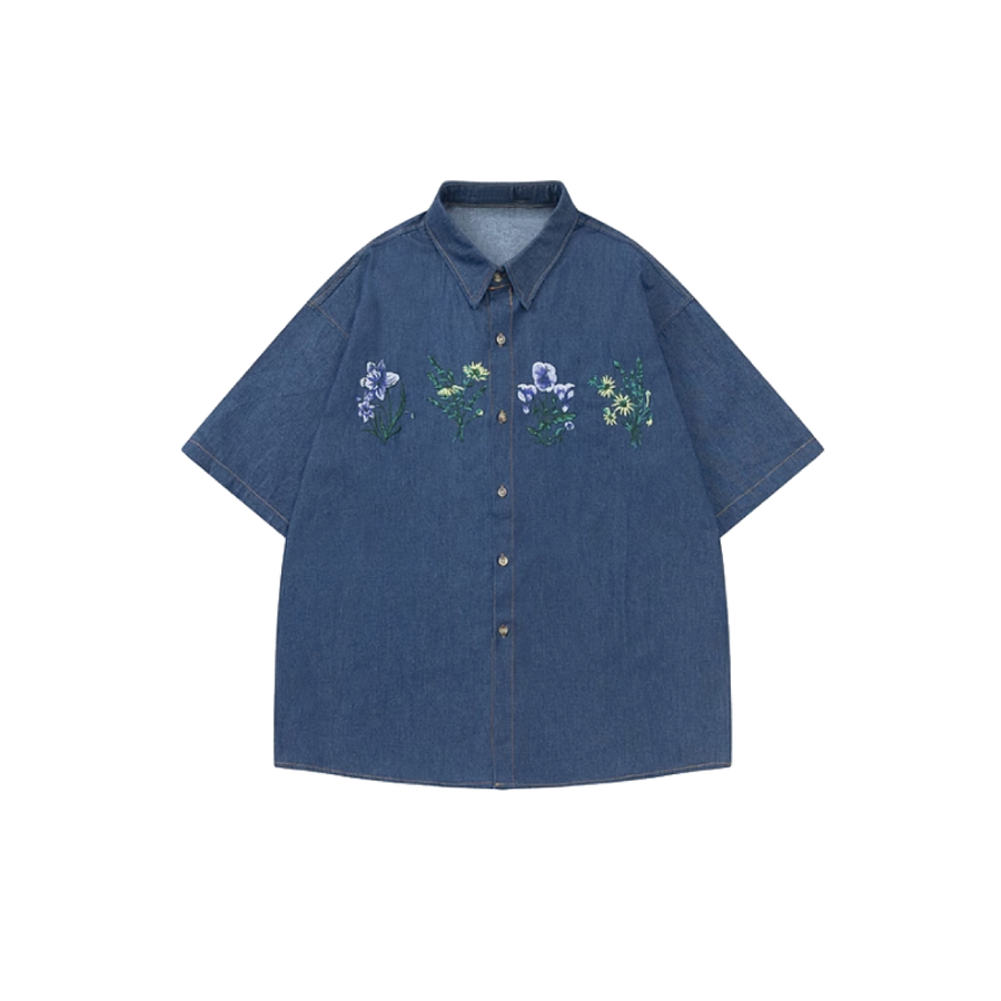 Flower Embroidery Denim Short Sleeve Shirt