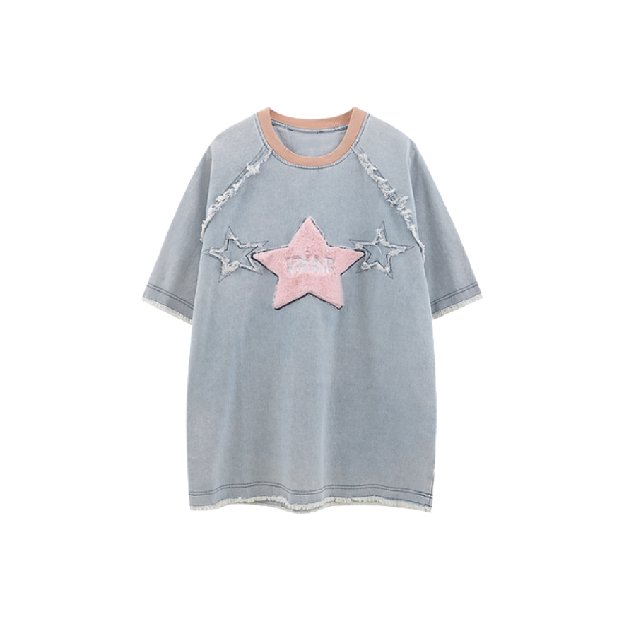 Star Motif Denim-like T Shirt
