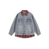 Retro Check Stitching Denim Jacket