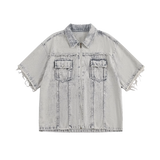 Fringe Sleeve Washed Denim Shirt