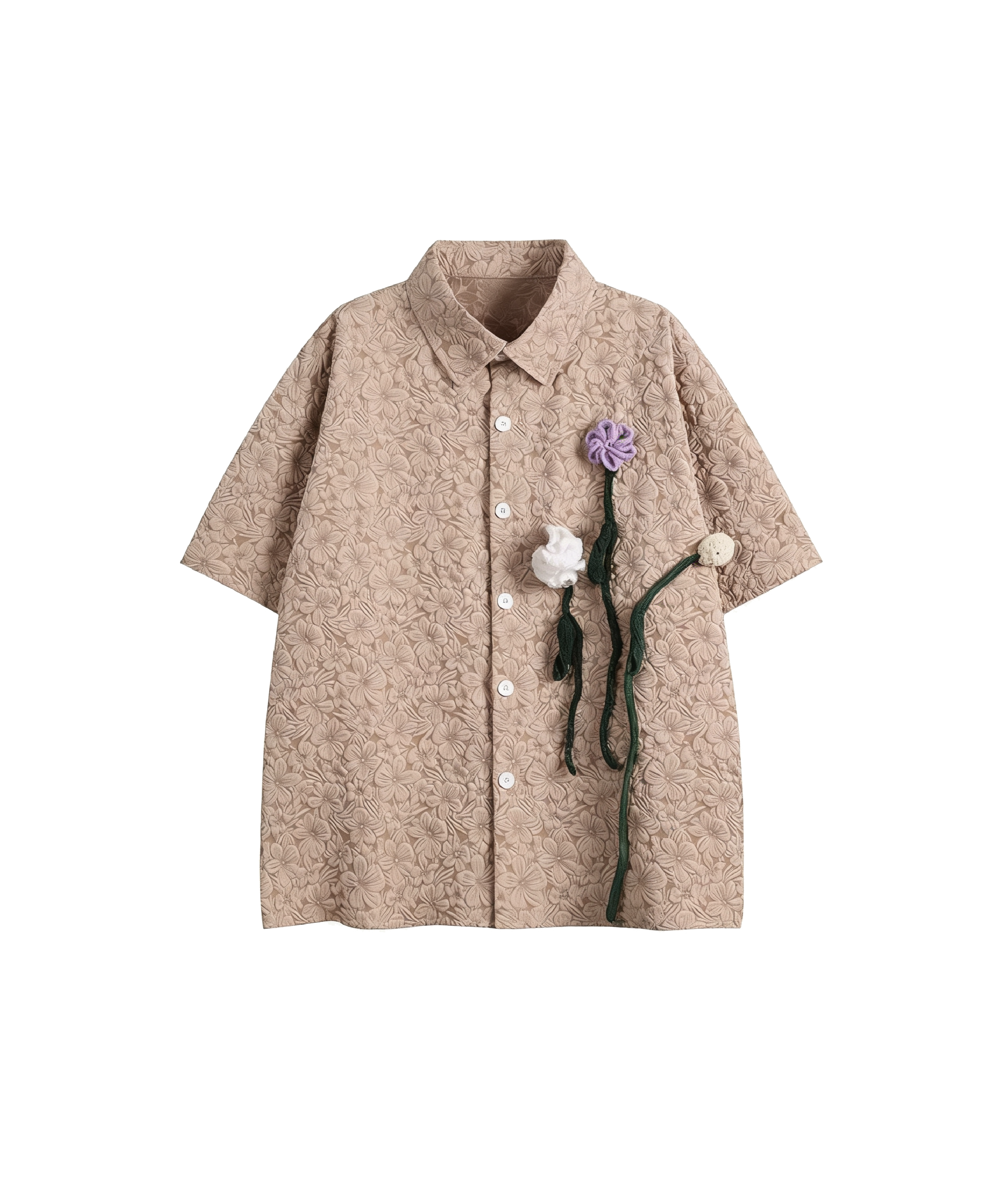 Flower Applique Emboss Short Sleeve Shirt