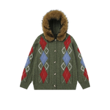 Moveable Fur Collar Argyle Cardigan