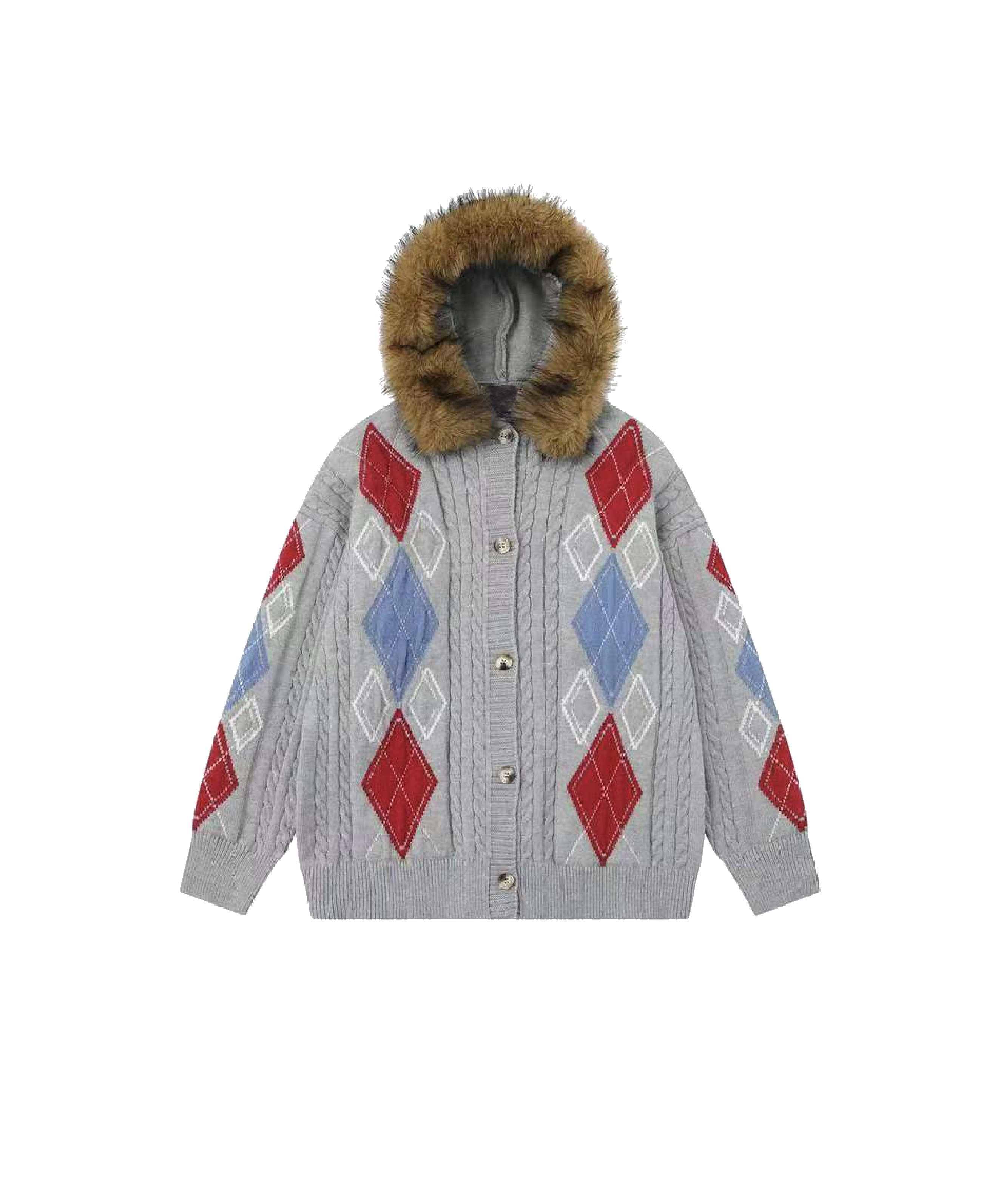 Moveable Fur Collar Argyle Cardigan